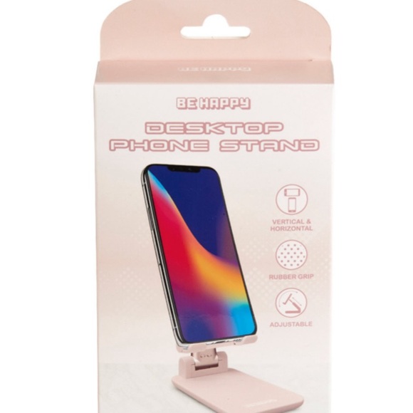 - NIB BE HAPPY ADJUSTABLE PHONE STAND 1.0in RUBBER GRIP PINK - Picture 2 of 4